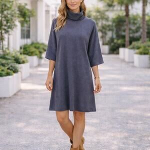 Eileen Fisher SZ M Extra Fine Merino Wool Sweater Dress Mock Neck Smoky Purple